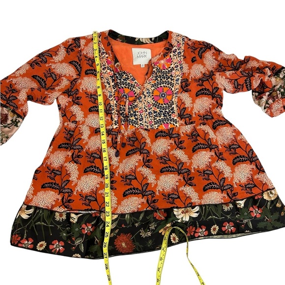 John Mark Orange Artsy Boho Floral Mixed Print Blouse Size Medium Oversized - Picture 8 of 10